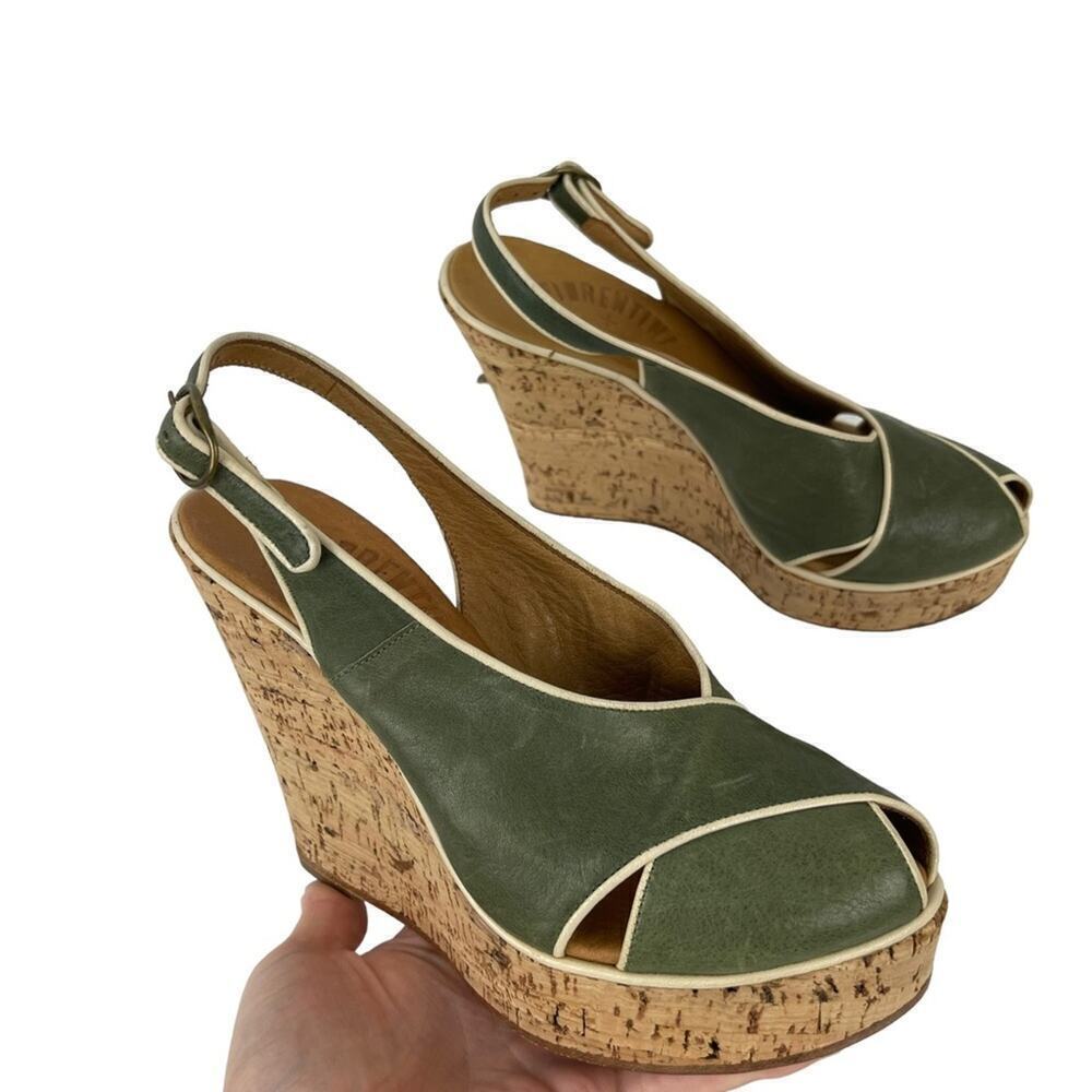 Fiorentini Baker Platform Cork Wedge Ankle Strap Green Leather Peep Toe Sandals